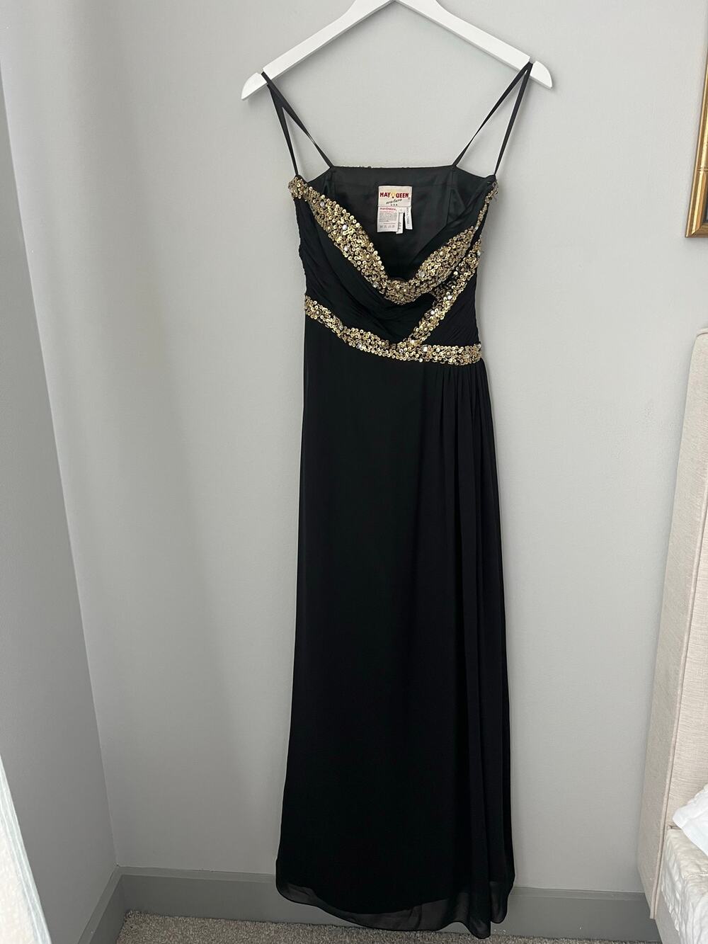 Formal Dress Prom Hoco Homecoming Black Gold Sequins Strapless Long Size 6